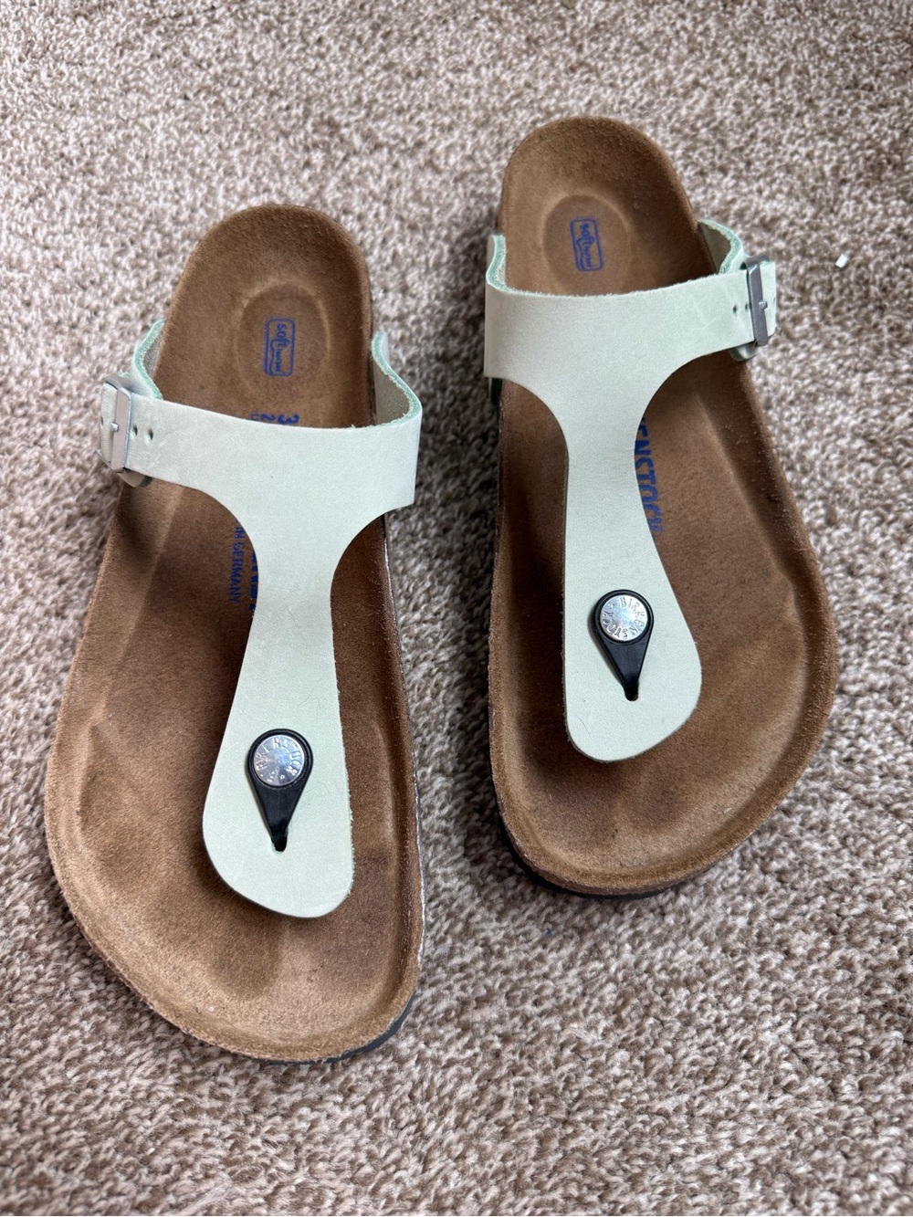 Birkenstock light green T-strap Cork Footbed Sandals